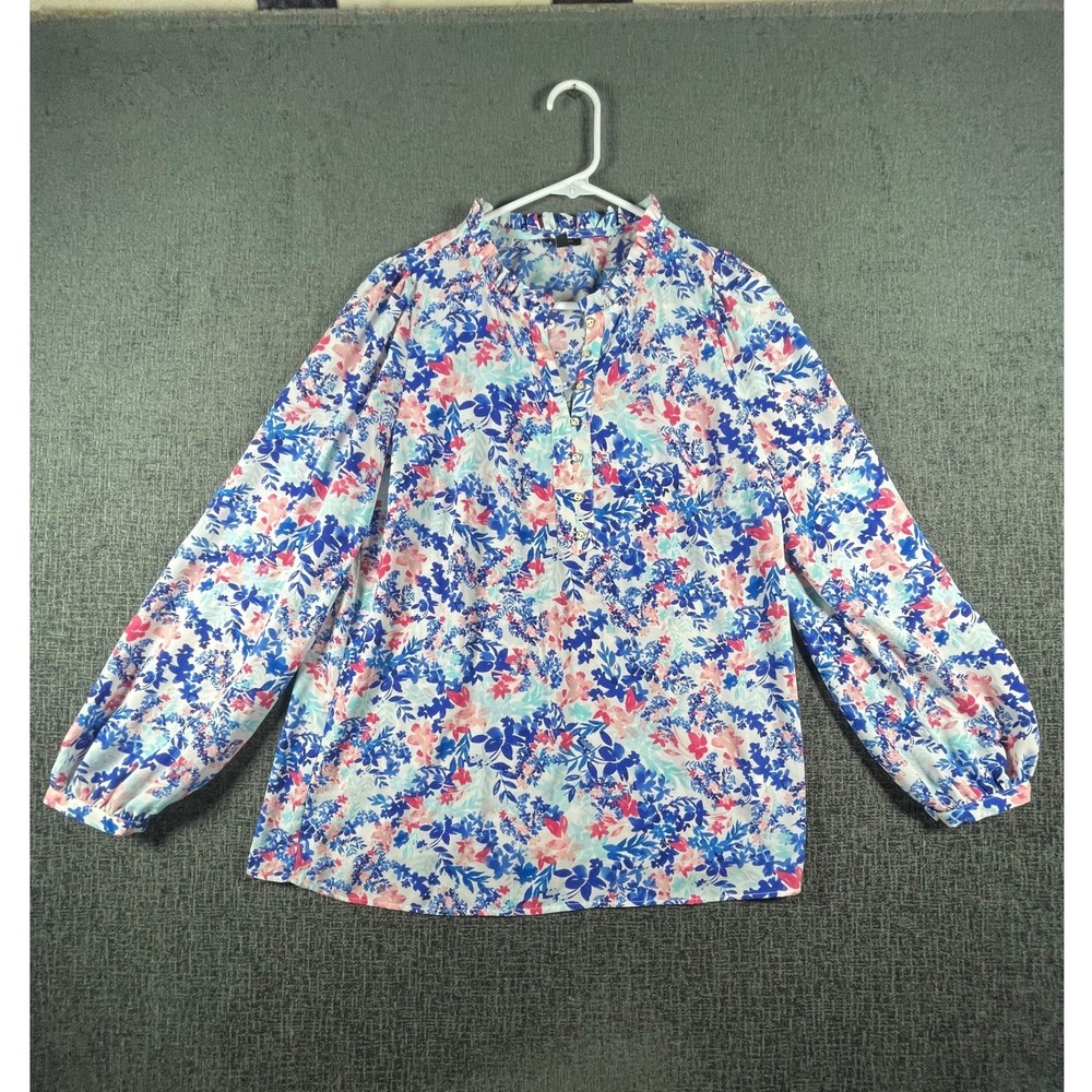 Talbots Womens Blue Pink Floral Ruffle Neck Long Sleeve Blouse‎ Size M